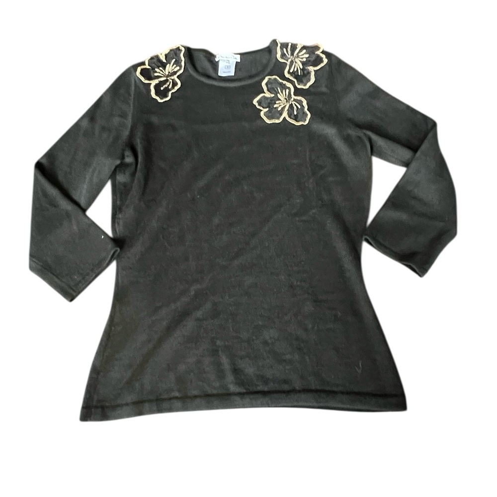 Oscar de la Renta Cashmere Silk Black Flower Sweater size M 3 quarter sleeve